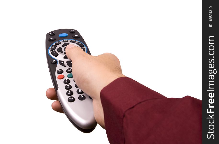 Remote controller in a hand on white background. Remote controller in a hand on white background.
