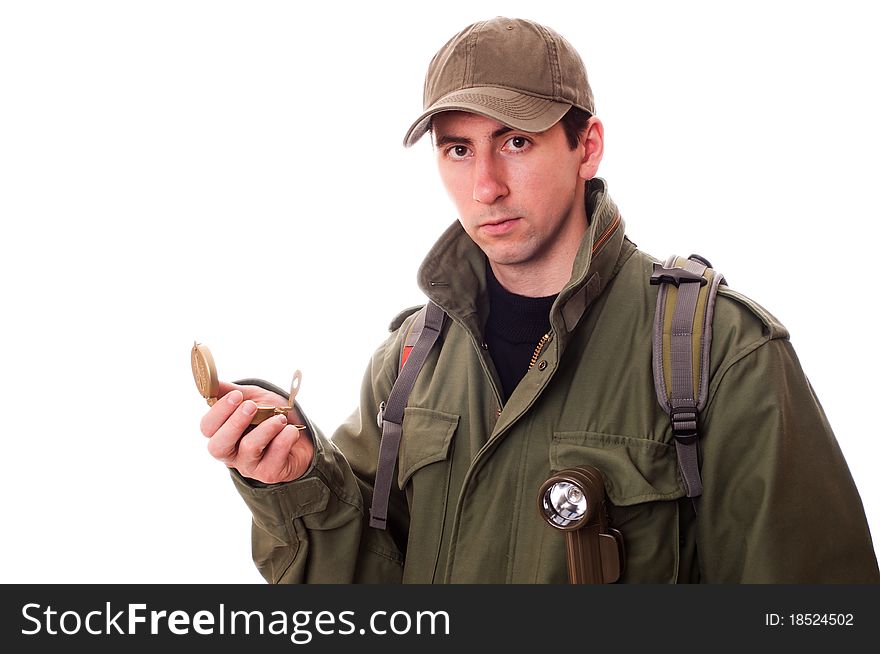 Traveller in army jacket (isolated on white)