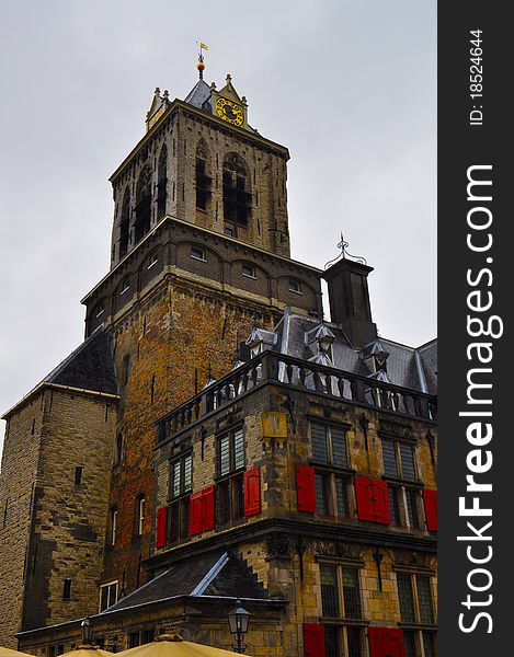 Market Square clock tower in Delft, The Netherlands.