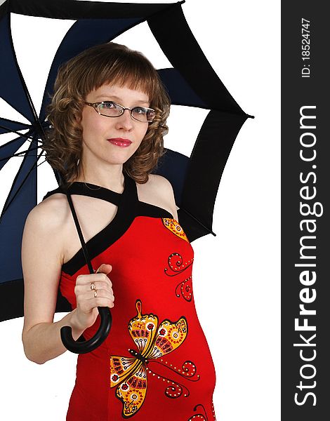 A pregnant woman with an umbrella on white background