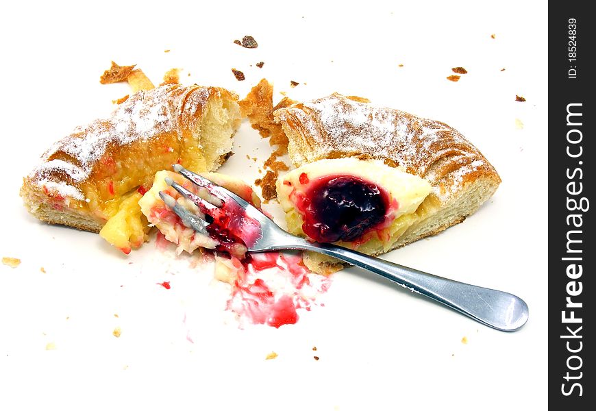 A messy scene of pastry cake left overs with fork