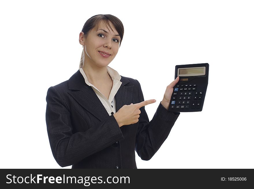 Isolated young business woman with a calculator. Isolated young business woman with a calculator