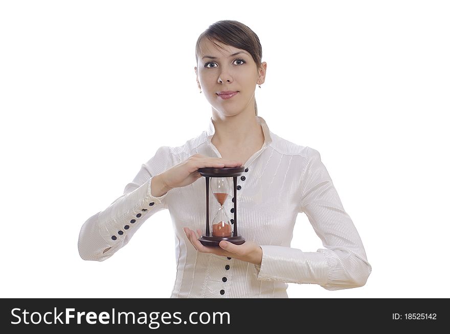 Isolated young business woman with sand clock