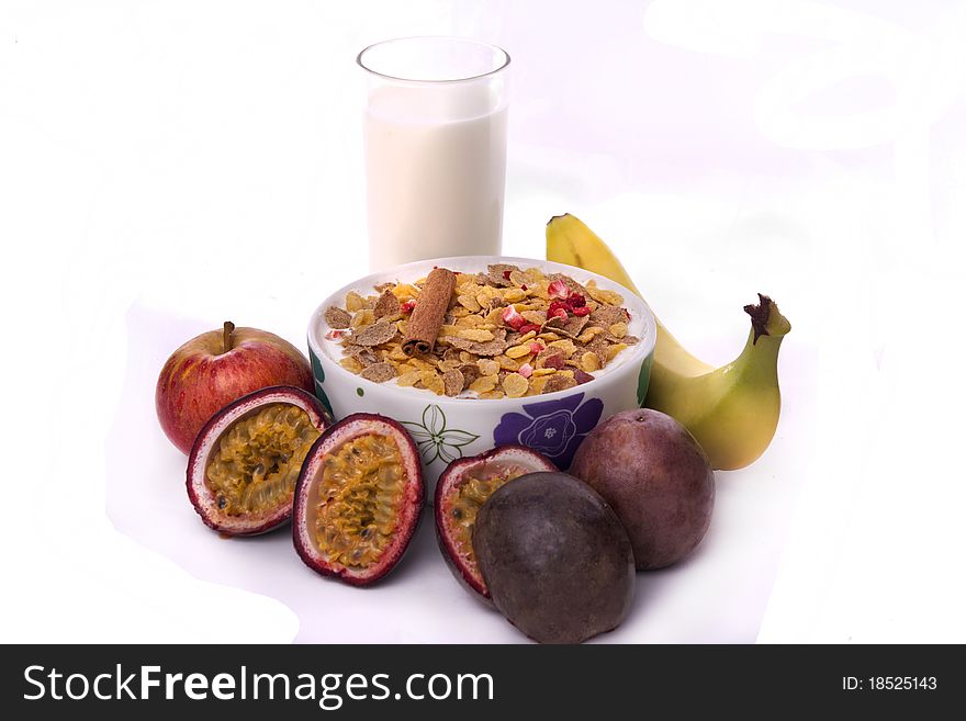 Bowl of cereals and fruit