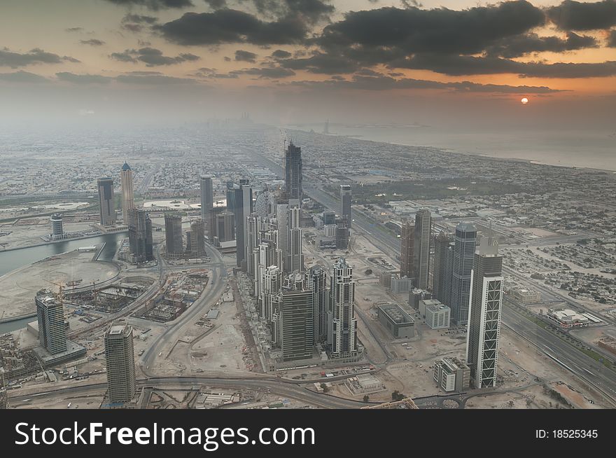 View over Dubai from tallest building Burj Dubai in the world.
