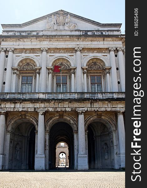 Frontal view of the National Palace of Ajuda located on Lisbon, Portugal.