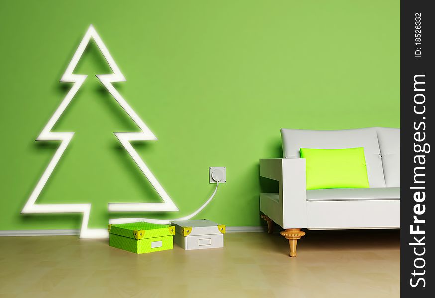 This is a Christmas interior with a nice glowing electric fir, gifts and a sofa