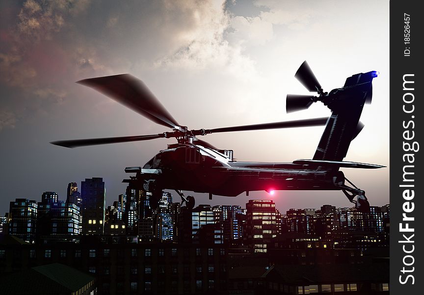 Dramatic 3d render of a black army helicopter in sunset flying over city. Dramatic 3d render of a black army helicopter in sunset flying over city