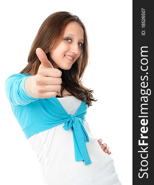 Young beautiful girl showing thumbs up. Isolated on white background. Young beautiful girl showing thumbs up. Isolated on white background.