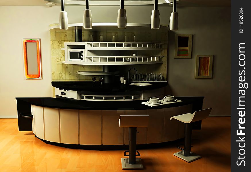 This is an interior of a kitchen, rendering. This is an interior of a kitchen, rendering