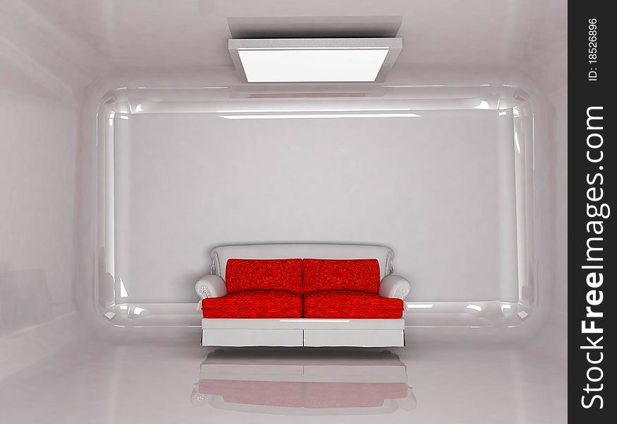 This is a white and red sofa in a white interior, rendering