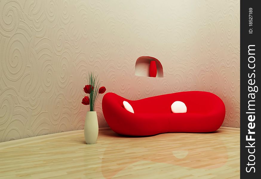 This is a modern interior with a red sofa and a vase