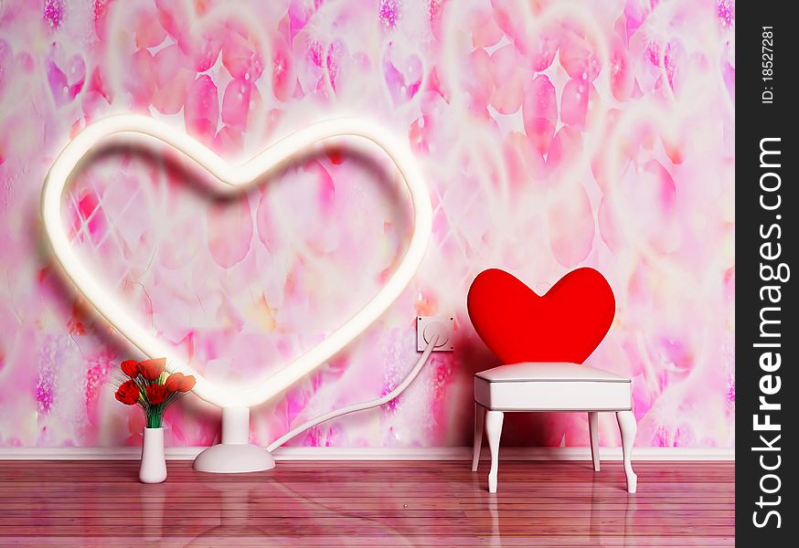 This ia a holiday romantic interior with a big elektric heart and a chair