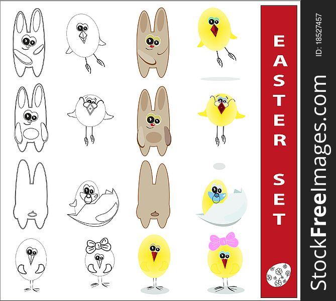 Set of symbols of Easter color and black and white. Set of symbols of Easter color and black and white