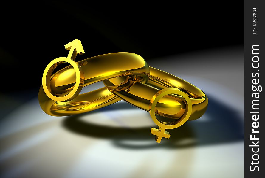 Computer-generated 3D illustration depicting two gold wedding bands linked together with male and female symbols. Computer-generated 3D illustration depicting two gold wedding bands linked together with male and female symbols