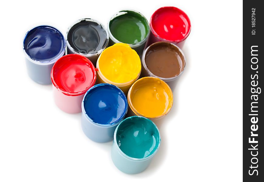 Gouache paints in plastic buckets