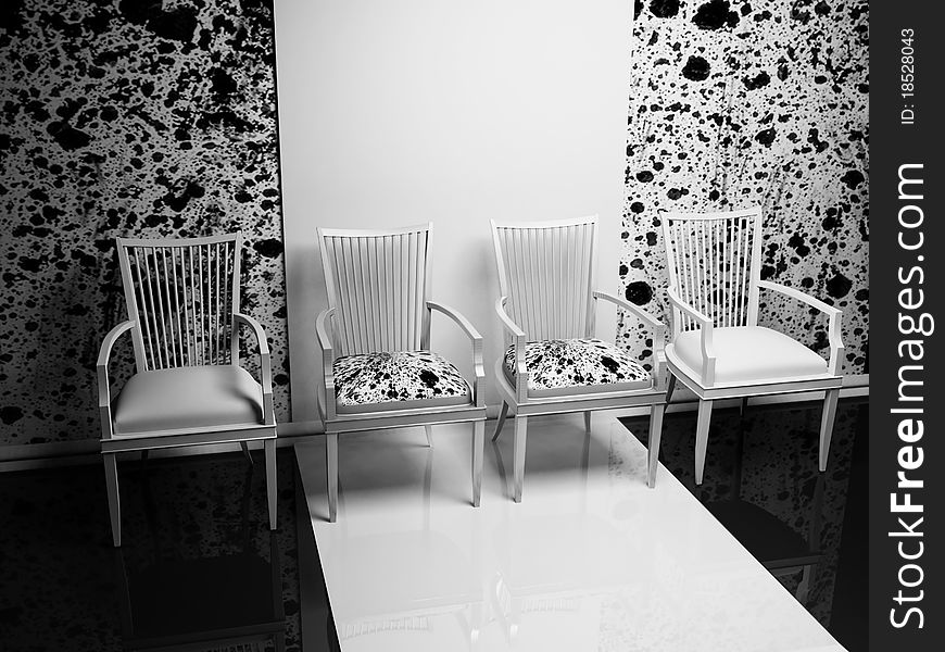 Interior design scene with four chairs in a row