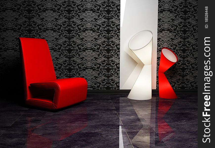 Modern interior design with an armchair and two floor lamp