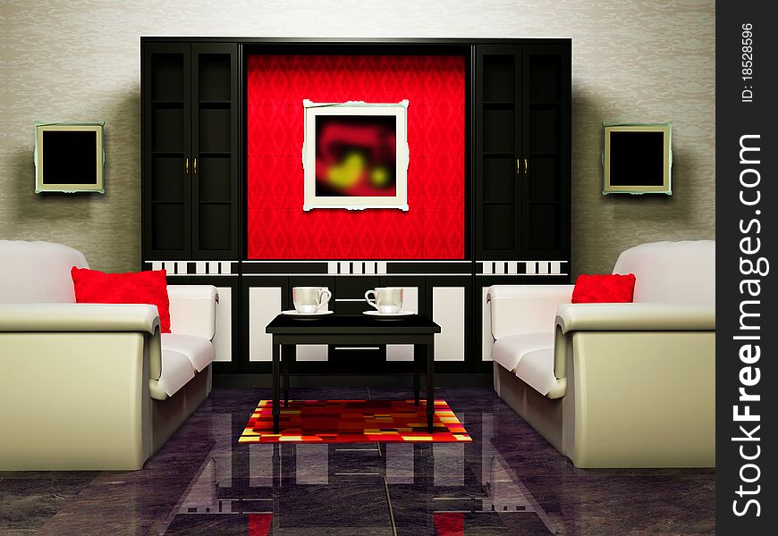 Interior design of living room with two sofas, a table