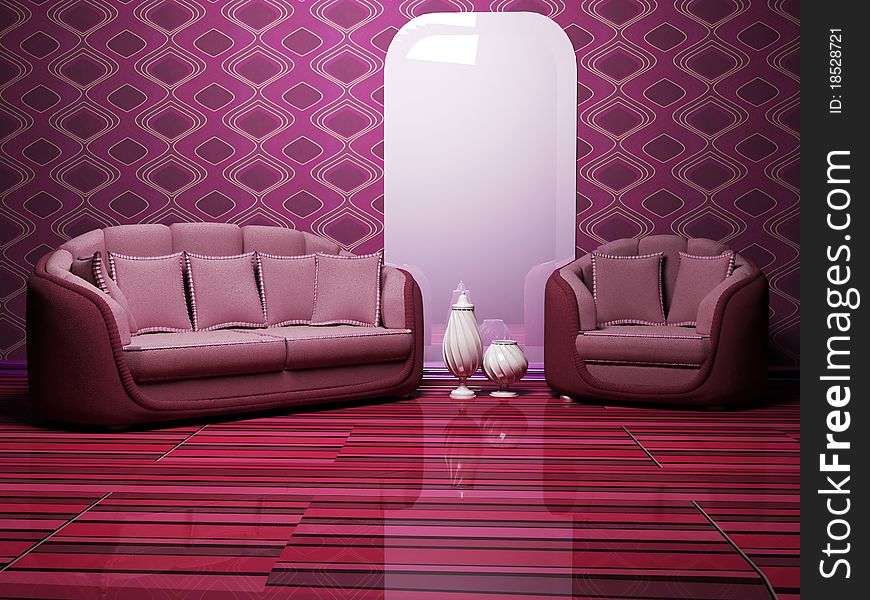 Modern interior with a sofa and an armchair on the colored parguet. Modern interior with a sofa and an armchair on the colored parguet