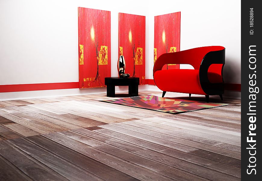Modern interior with a red and black sofa and a table,. Modern interior with a red and black sofa and a table,