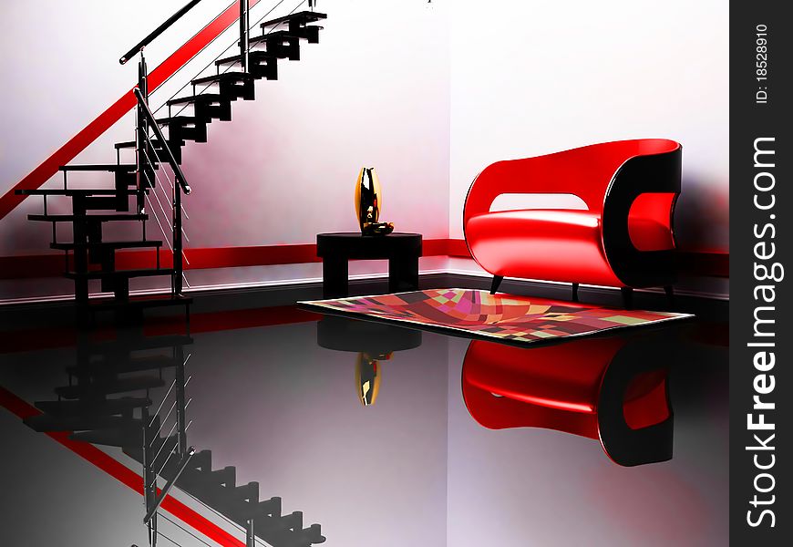 Modern interior with a red and black sofa and a black ladder. Modern interior with a red and black sofa and a black ladder