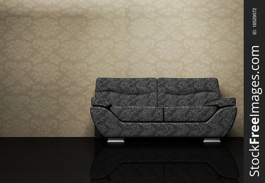 Modern interior design with a dark sofa, rendering