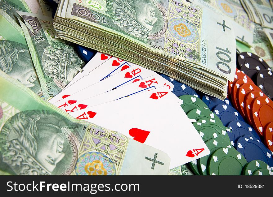 Poker and gambling chips over a lot of money. Polish Zloty. Poker and gambling chips over a lot of money. Polish Zloty