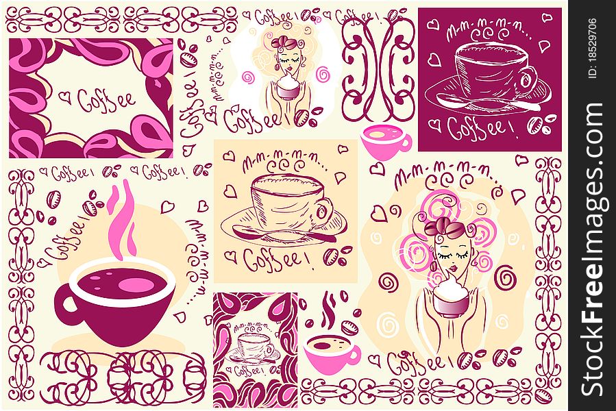 Vector coffee background wallpaper design icons set