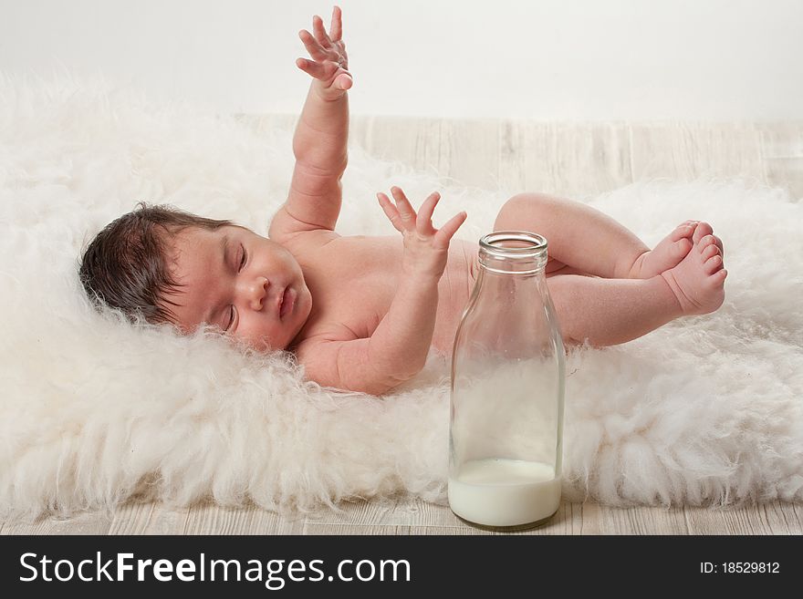 Day light, newborn with retro bottle