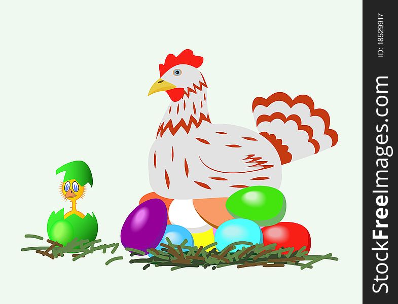 Hen, hatched eggs, and chicken are shown in the picture. Hen, hatched eggs, and chicken are shown in the picture.