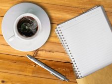 White Cup Of Hot Coffee And Blank Page Note Book Stock Photo White Cup Of Hot Coffee And Blank Page Note Book Stock Photo