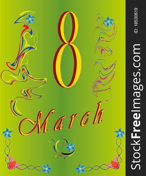8 march greeting card on green background with blue flowers