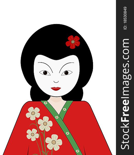 A  illustration of a geisha girl in a red floral kimono