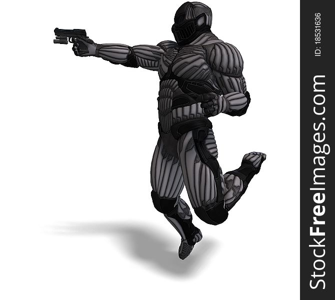 Science fiction male character in futuristic suit. 3D rendering with clipping path and shadow over white