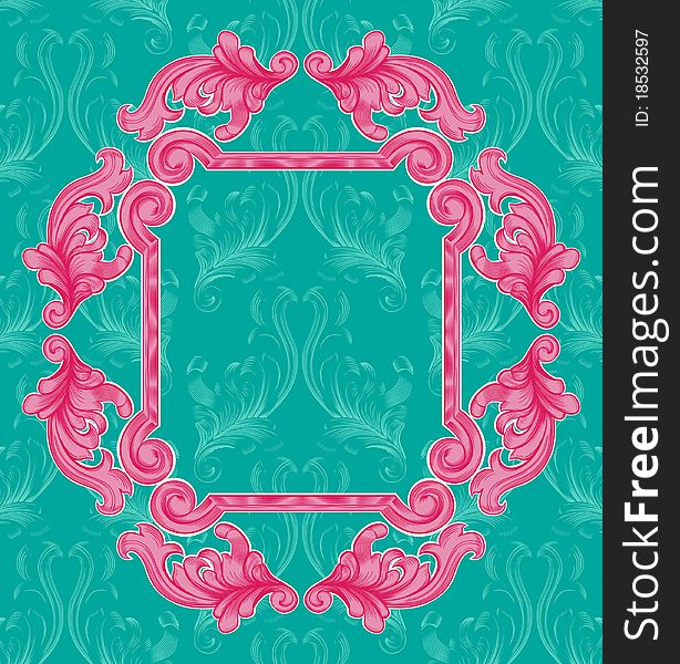 Pink frame on a green background with patterns