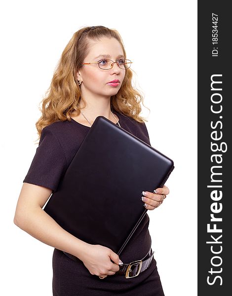 Business woman with laptop against white background