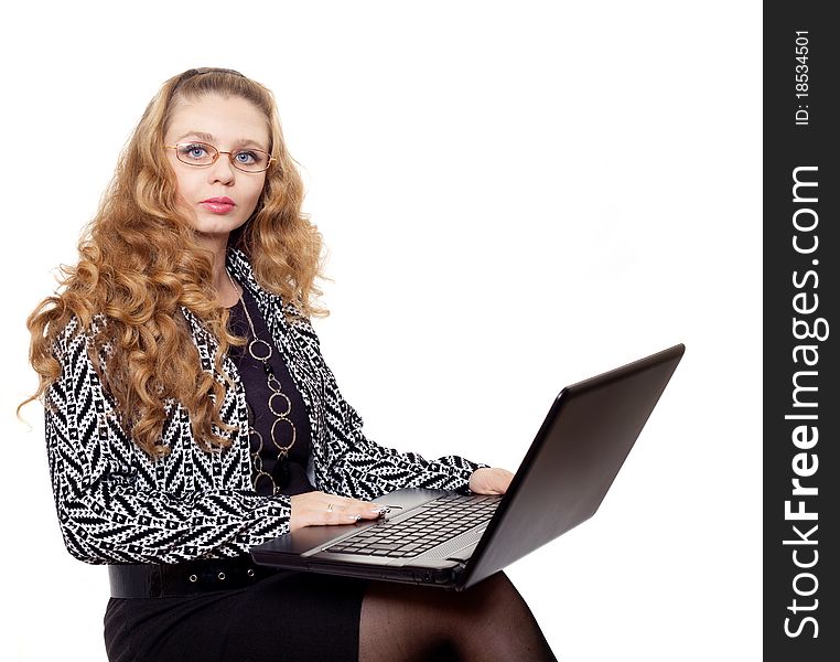 Business woman with laptop against white background