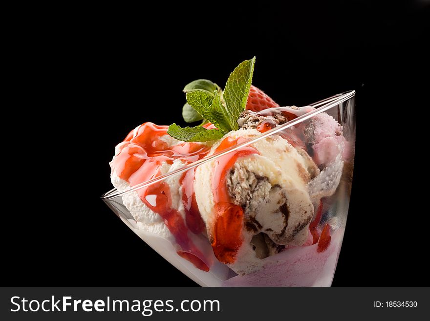 Photo of delicious different ice cream with sour and strawberry