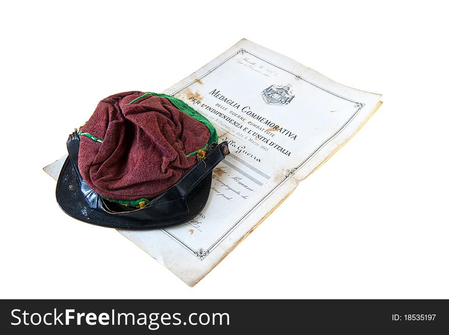 Old hat of Garibaldi, commemorative medals and documents of the Italian war for independence. Old hat of Garibaldi, commemorative medals and documents of the Italian war for independence.