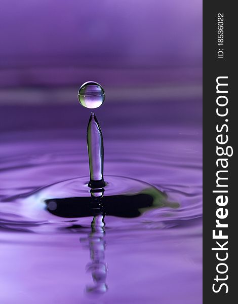 A purple abstract background of a close up of transparent water drops falling in water, making beautifull ripples and flowing waves in the surface and showing the pure energy it creates. Small depth of field.