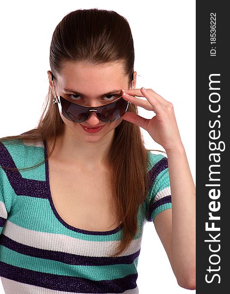 Girl in stripy blue dress with sunglasses.