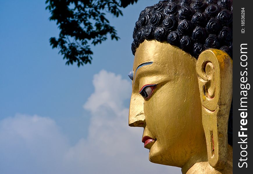 A profile of a golden statue of buddha. A profile of a golden statue of buddha.