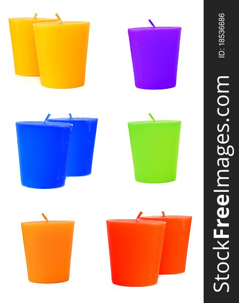 Candles (blue, green, purple) with white background