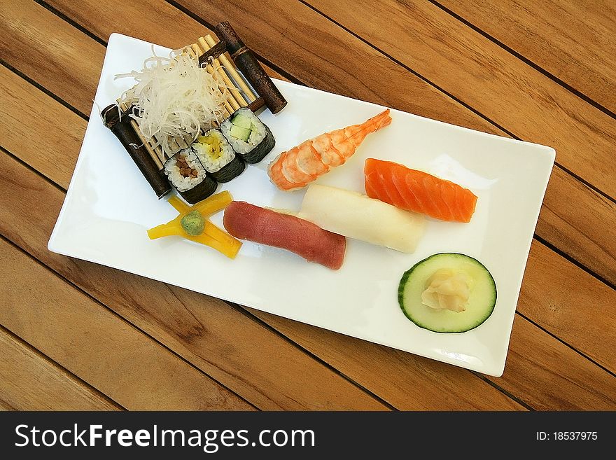 Closeup of delicious fresh Japanese Sushi food. Closeup of delicious fresh Japanese Sushi food.