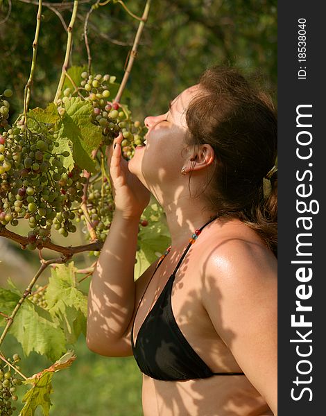 Girl Eat Grapes On Tree