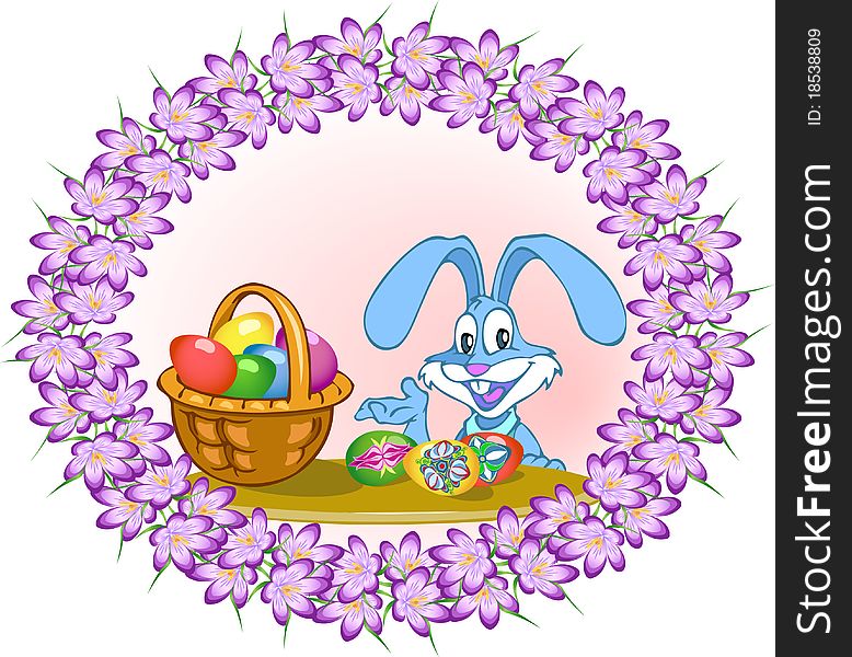 Easter bunny with colorful easter eggs sitting at the table.Additionally, a vector EPS format.