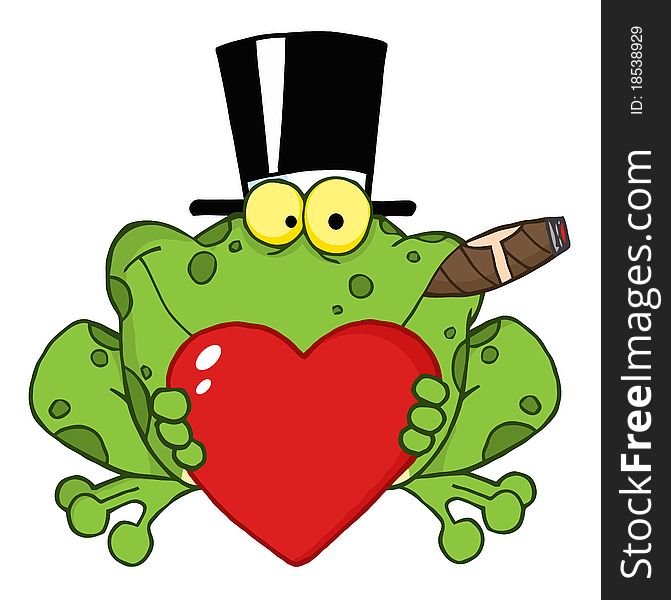 Frog smoking a cigar, wearing a hat and holding a heart. Frog smoking a cigar, wearing a hat and holding a heart