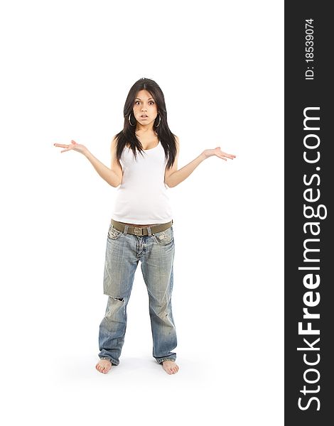 Portrait of a pretty young woman gesturing do not know sign against white background