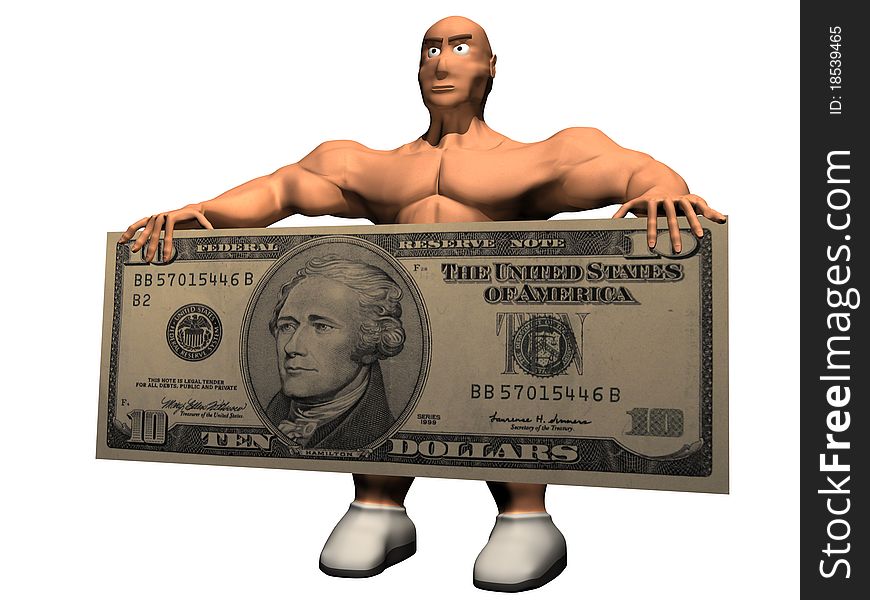 3d render of person with 10 dollars. 3d render of person with 10 dollars.